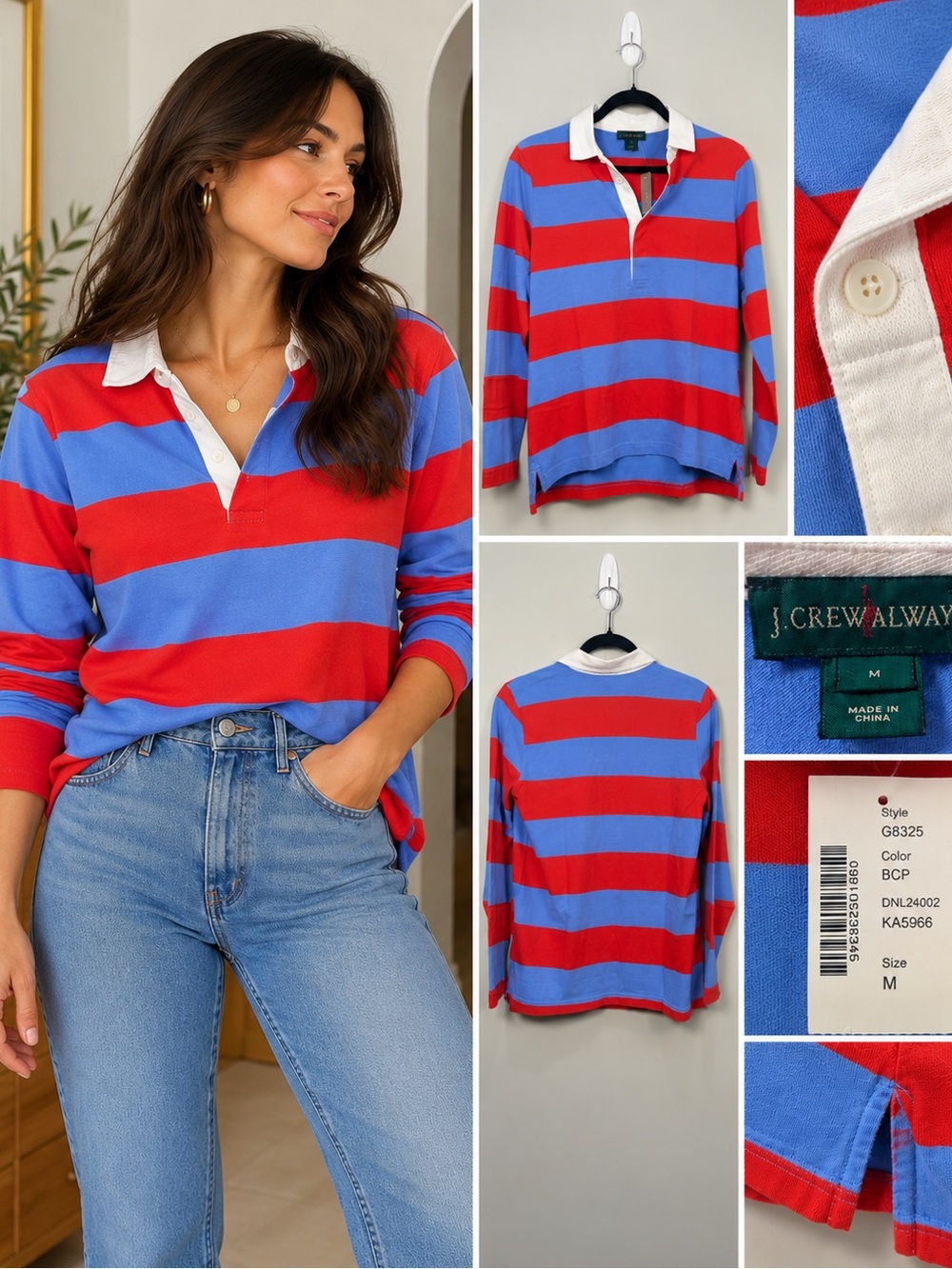 J.Crew Always NWT Red Blue Striped Rugby Shirt Size M